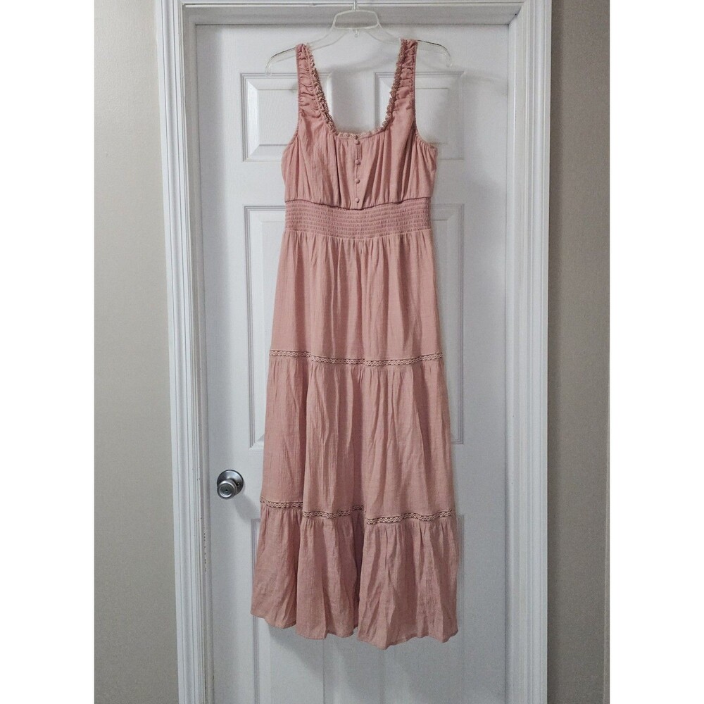 Love Tree Boho Cottagecore Pink Smocked Maxi Dress Lace Trim Tiered Womens L